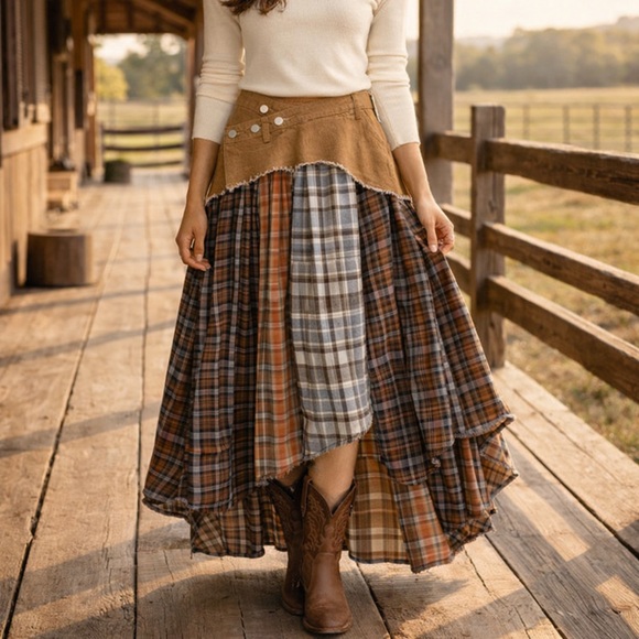 MICOS Dresses & Skirts - MICAS Western Patchwork Plaid Hi-Lo Skirt Raw Hem Boho Prairie Size L